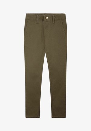 Pantalon chino vert olive en tissu mélangé coton. Il présente une fermeture à boutons, deux poches frontales et une coupe fuselée. Texture lisse.