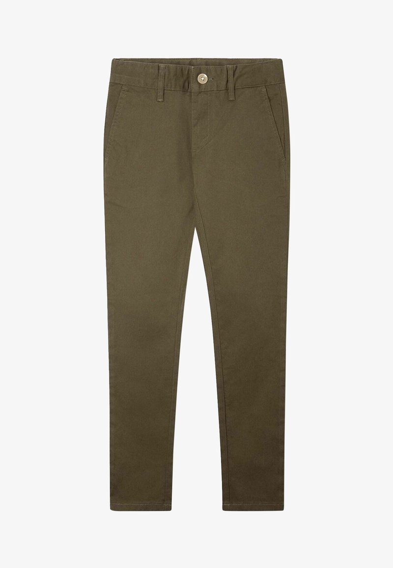 Pantalon chino vert olive en tissu mélangé coton. Il présente une fermeture à boutons, deux poches frontales et une coupe fuselée. Texture lisse.