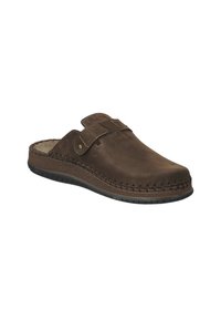 Bruine leren klomp met gestikte details, ronde neus en verstelbare band. Textuurzool voor grip en comfort. Casual instapdesign.