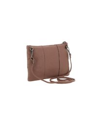 Borsa a tracolla in pelle marrone, forma rettangolare, superficie testurizzata, con una tracolla sottile e dettagli in metallo argentato.