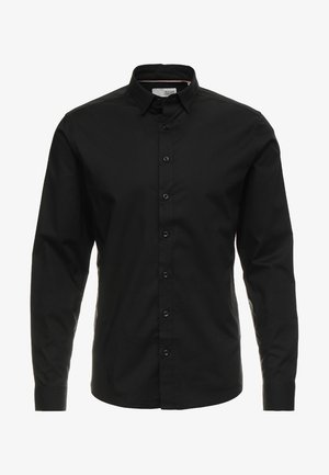 Svart langermet skjorte laget av glatt stoff, med knappestolpe foran, spiss krage, og monokrom design uten mønstre eller detaljer.