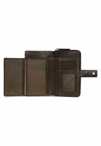 Cartera de cuero marrón oscuro abierta que muestra múltiples ranuras para tarjetas, una ventana clara para identificación y un compartimento con cremallera y cierre de broche.
