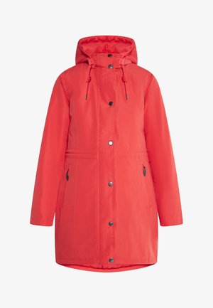 Parka rossa impermeabile con cappuccio, chiusura zip, bottoni a pressione, cordino regolabile e due tasche laterali. Tessuto liscio e leggero.