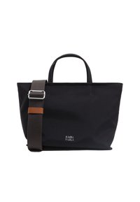 Czarna torba materiałowa na ramię z dwoma uchwytami, odpinanym brązowym paskiem, widocznym przeszyciem i wytłoczonym logo na przedniej stronie.