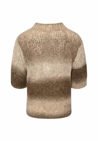 Brązowy sweter z gradientowym wzorem, z krótkimi rękawami, posiadający ściągacz i otwartą strukturę splotu, prezentujący różne odcienie od jasnobrązowego do ciemnobrązowego.