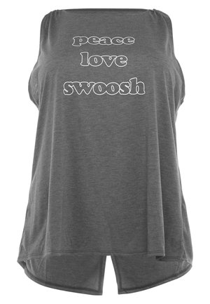 Grijze mouwloze top met witte tekst "peace love swoosh" in dikke omlijnde letters aan de voorkant.