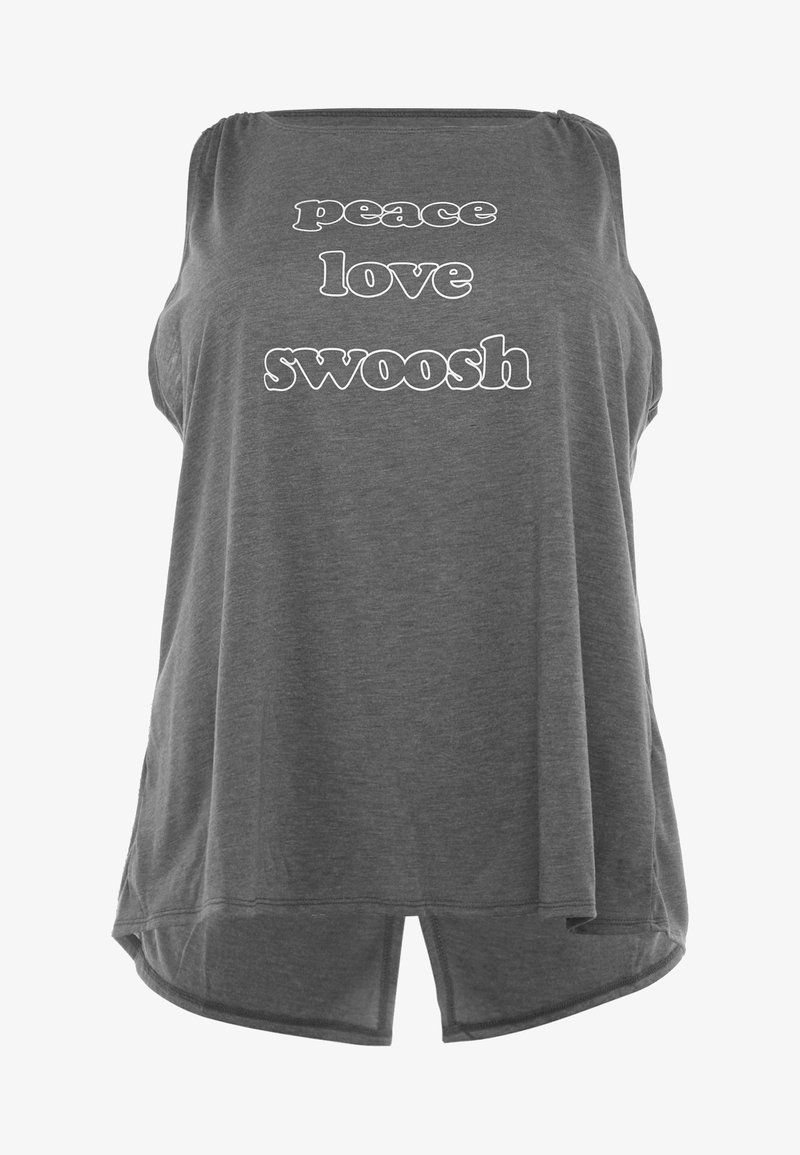 Haut sans manches gris avec texte blanc « peace love swoosh » en lettres en gras et contourées à l'avant.