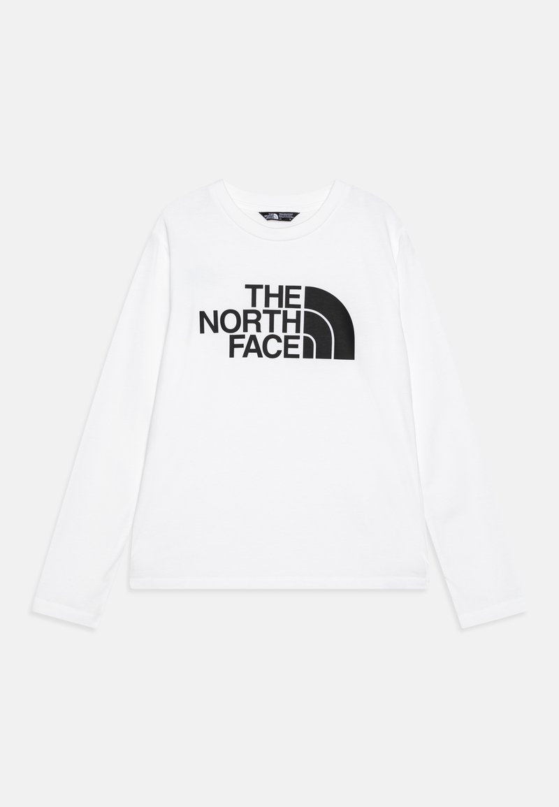 Balta garām piedurknēm T-kreklu, kas izgatavots no kokvilnas, ar melnu grafiku, kurā iekļauts teksts "THE NORTH FACE" un pusapļa dizains.