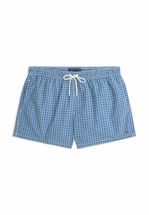 Blauwe zwembroek met wit geometrisch patroon, elastische tailleband en witte trekkoordjes gestrikt in een strik aan de voorkant in het midden.