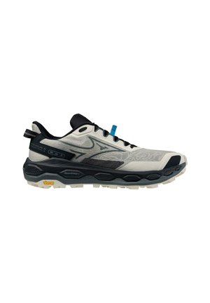 Chaussure de trail running gris clair et noire avec une semelle épaisse, des lacets noirs, une boucle de lacet bleue et le logo de la marque sur le côté et la semelle.