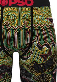 Black boxer briefs with a colorful design featuring green, yellow, and red patterns, including an eagle and ornate lettering. Red waistband.
