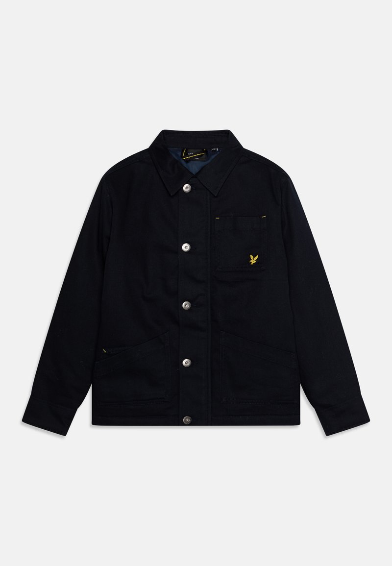 Black jacket made of cotton with a collared neck, silver snap buttons, two front pockets, and a small yellow logo on the chest pocket.