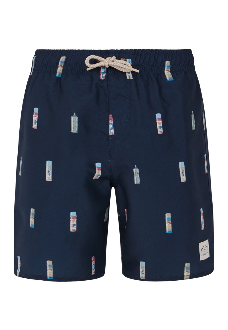 Shorts de bain bleu marine avec un motif répétitif de petites bombes de peinture. Équipés d'une taille élastique avec cordon de serrage et d'une étiquette logo au bas.