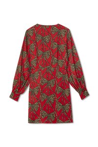 Vestido vermelho com design estampado com detalhes de leopardo em preto e dourado, mangas longas bufantes e decote redondo.