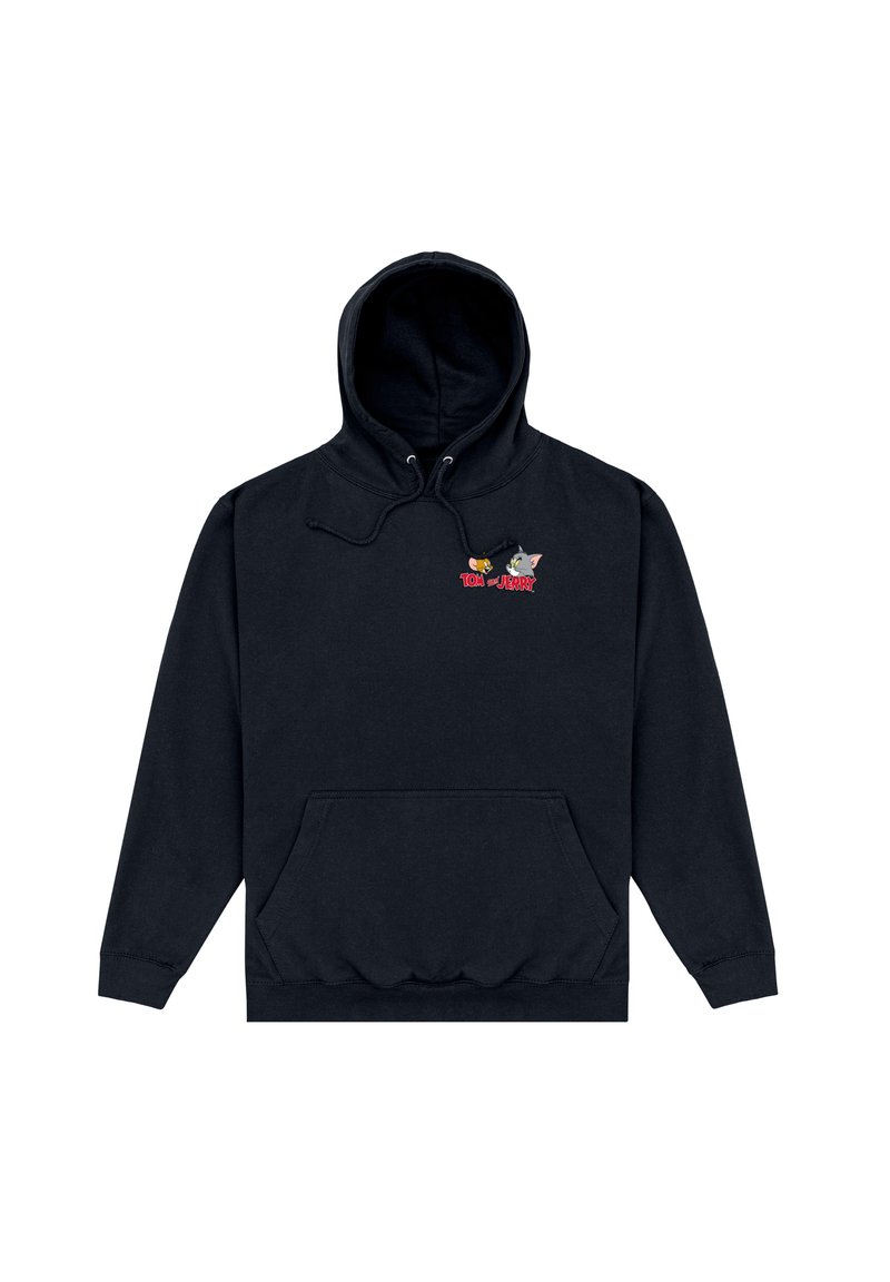 Felpa nera con tasca a marsupio frontale, cappuccio con coulisse e grafica ricamata a colori di "Tom e Jerry" sul petto.