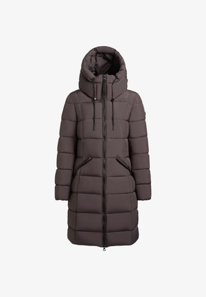 Palton lung căptușit de culoare maro închis, cu guler înalt, glugă, fermoar frontal și buzunare laterale. Textură netedă cu model matlasat orizontal.