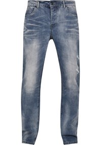 Moške svetlo modre jeans hlače iz denima z bledim zaključkom, ravno krojenje in uničeni detajli. Imajo klasičen pet-pocket stil in zanke za pas.