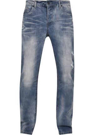 Lichtblauwe denim jeans voor heren met een vervaagd uiterlijk, recht model en versleten plekken. Beschikt over de klassieke vijf-pocket stijl en riemlussen.