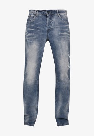 Jeans da uomo in denim azzurro chiaro con una finitura lavata, design a gamba dritta e toppe strappate. Presentano un classico stile a cinque tasche e passanti per cintura.