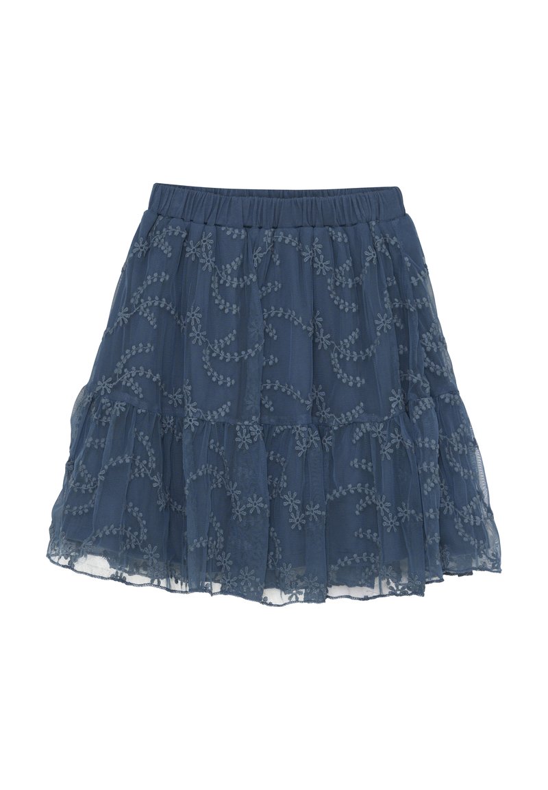 Marinblå, lager-på-lager kjol i genomskinligt tyg, med blommönsterbroderi, elastiskt midjeband och en mjuk, flytande textur.