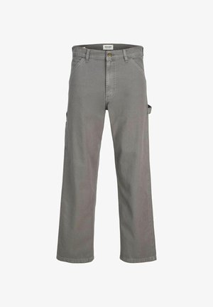 Graue Cargo-Hosen aus Baumwolle. Mit einem lockeren Schnitt, mehreren Taschen und einem Reißverschluss mit Knopfverschluss. Gerades Bein Design.