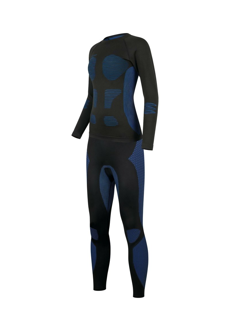 Black and blue athletic suit with long sleeves and tight-fitting design. Features textured patterns in varying shades of blue across the torso and legs.