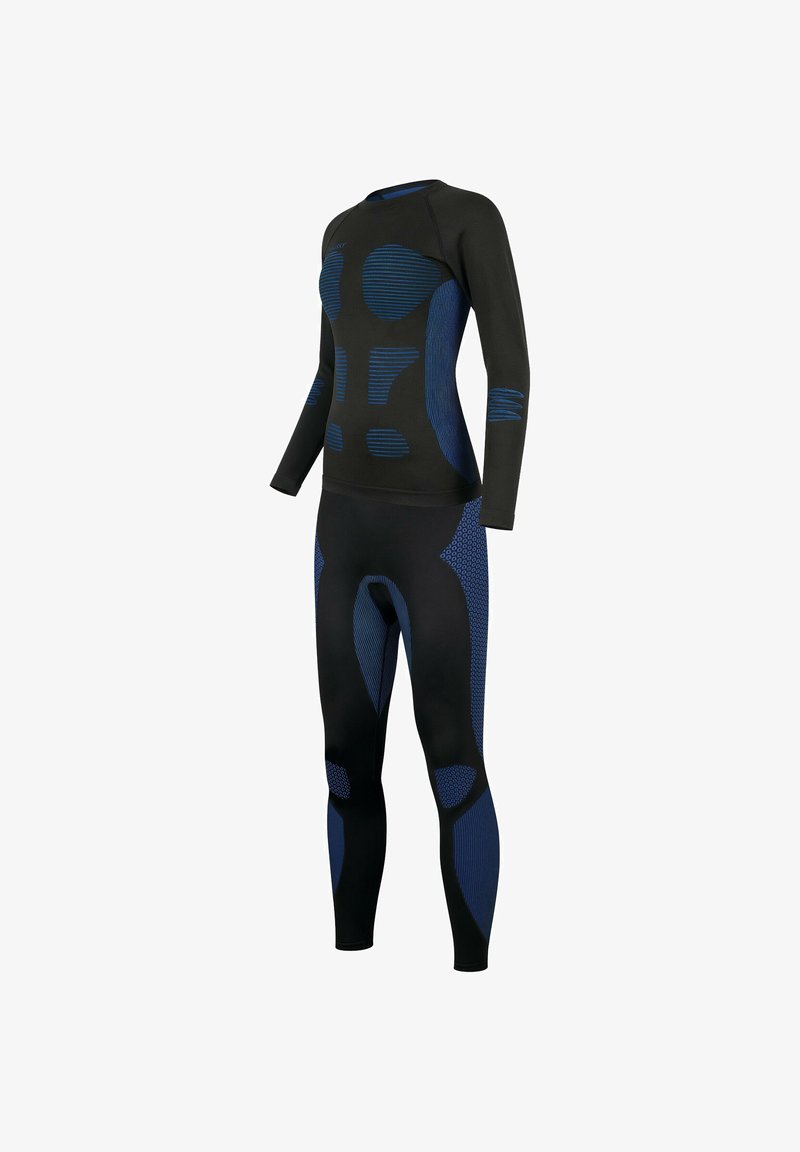 Black and blue athletic suit with long sleeves and tight-fitting design. Features textured patterns in varying shades of blue across the torso and legs.