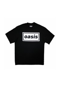 Black short-sleeve t-shirt made of cotton, featuring a bold white rectangle with the word "oasis" in black, centrally positioned on the front.