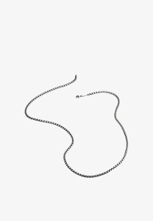 Silberne Halskette mit ineinandergreifenden Gliedern, mit glatter Oberfläche und Karabinerverschluss. Die Länge beträgt ca. 70 cm.