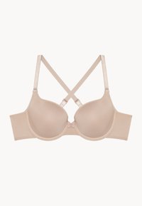 Soutien-gorge push-up beige avec bonnets lisses et rembourrés, bretelles en satin et un nœud décoratif au centre. Comprend une large bande et un design à lanières croisées.