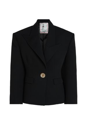Black blazer made of structured fabric, featuring a sharp notched collar, single button closure with gold accent, and two front pockets.