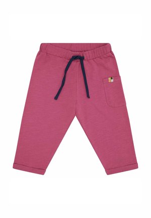 Pink cotton pants with a navy drawstring, cuffed hems, and a side pocket featuring a small multi-colored flag detail.