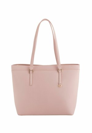 Sac fourre-tout en cuir rose clair avec double bretelles et un détail en métal doré sur une bretelle.