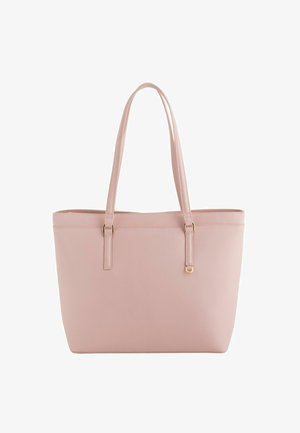 Bolso tote de cuero rosa claro con doble asa para hombro y un detalle metálico en tono dorado en una de las asas.