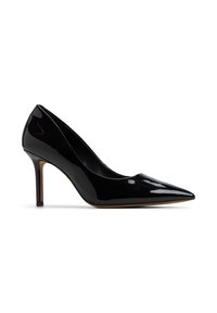 Černé lakované kožené lodičky na vysokém podpatku, s špičatou špičkou, štíhlým stiletto podpatkem a hladkým, lesklým povrchem. Minimalistický design.