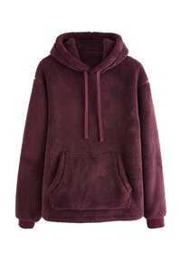 Bordeaux fleece hoodie met een gestructureerde afwerking, een trekkoordkap en een voorkant met kangaroezak. Mouwen en zoom in een bijpassende kleur.