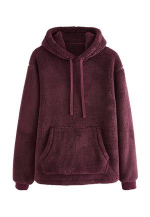 Bordeaux fleece hoodie met een gestructureerde afwerking, een trekkoordkap en een voorkant met kangaroezak. Mouwen en zoom in een bijpassende kleur.