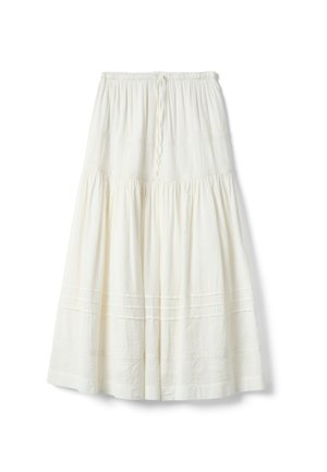 Langer, weißer Stufenrock mit elastischem Bund und Kordelzug, mit dezenten strukturierten Mustern und plissierten Details am Saum.