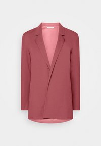 Veste légère couleur rose avec col cranté, manches longues et devant ouvert. Texture douce, style minimaliste.