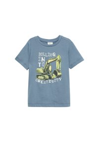 Blauwe katoenen T-shirt met een graphic van een gele graafmachine en de tekst "ROLLING IN TO CREATIVITY" in vetgedrukte witte letters.