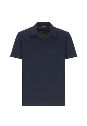 Polo-shirt bleu marine en tissu lisse avec un col et des manches courtes. Design simple sans motifs ni accents visibles.