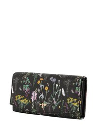 Floral wallet in black faux leather featuring multicolored illustrations of wildflowers, butterflies, and bees. Secure snap closure.