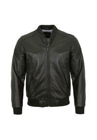 Schwarze Lederbomberjacke mit geripptem Kragen und Bündchen. Verfügt über einen Reißverschluss vorne und eine glatte Textur. Schlichtes, körpernahes Design ohne Muster.