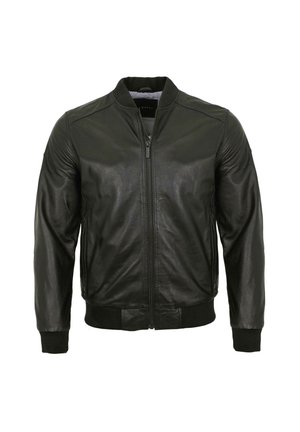 Black leather bomber jacket with ribbed collar and cuffs. Features a front zipper and smooth texture. Simple, fitted design with no patterns.