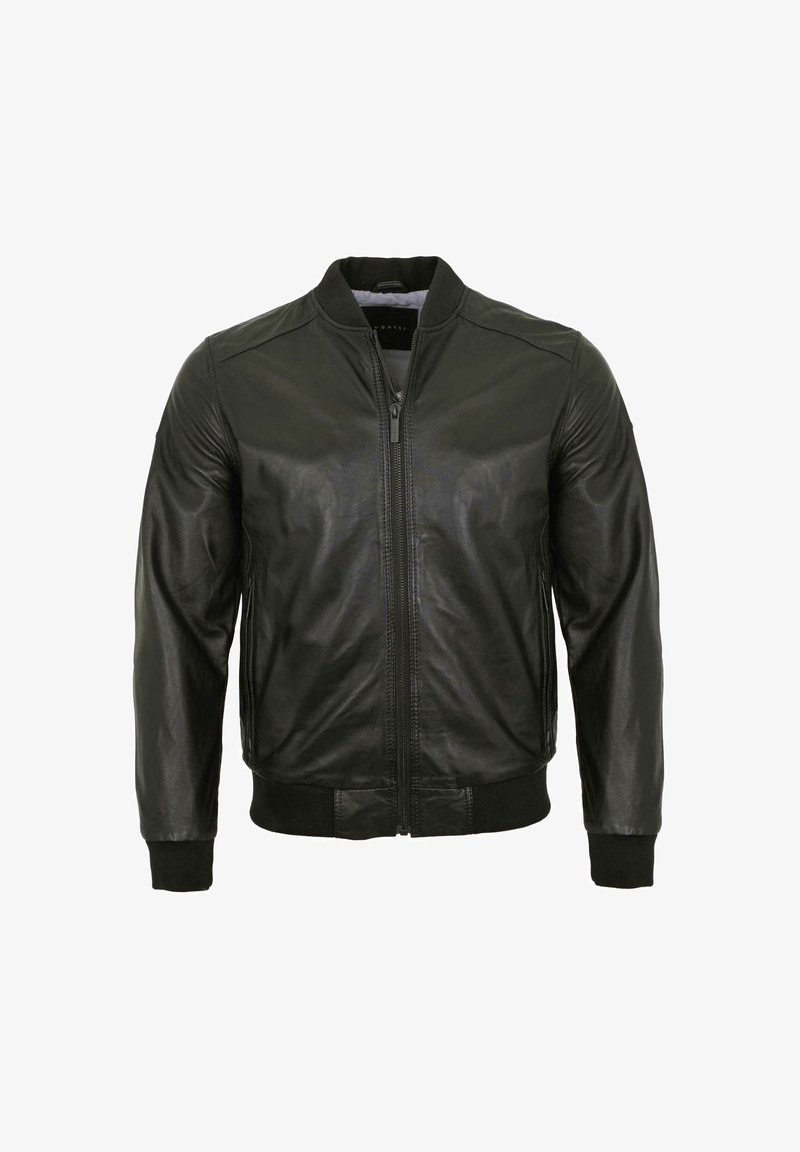 Schwarze Lederbomberjacke mit geripptem Kragen und Bündchen. Verfügt über einen Reißverschluss vorne und eine glatte Textur. Schlichtes, körpernahes Design ohne Muster.