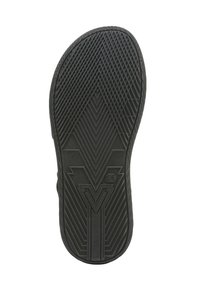 Sola di scarpa in gomma nera con un motivo testurizzato, caratterizzata da scanalature angolate e un design centrale a forma di V. Presente il marchio CE sul lato.