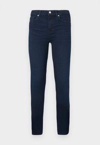 Mørkeblå jeans laget av denim, med slim fit, fem lommers design, og en metallknapplukking i midjen. Ingen synlig mønster.