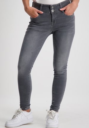 Grijze skinny jeans met een gladde textuur, voorzien van een dubbele knoopsluiting in de taille, twee voortassen en een slim fit tot aan de enkels.