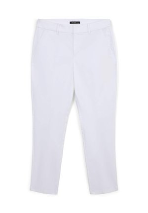 White tailored pants with a smooth texture, featuring two side pockets and a straight leg design. Fitted waistband with no visible hardware details.