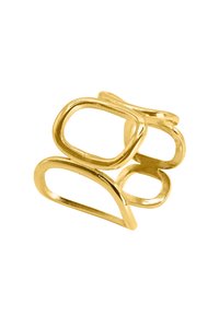 Goldfarbener Metallring mit einem abstrakten Design, das sich aus ineinandergreifenden, verlängerten und runden Formen zusammensetzt, glatter Textur und hochglänzendem Finish.